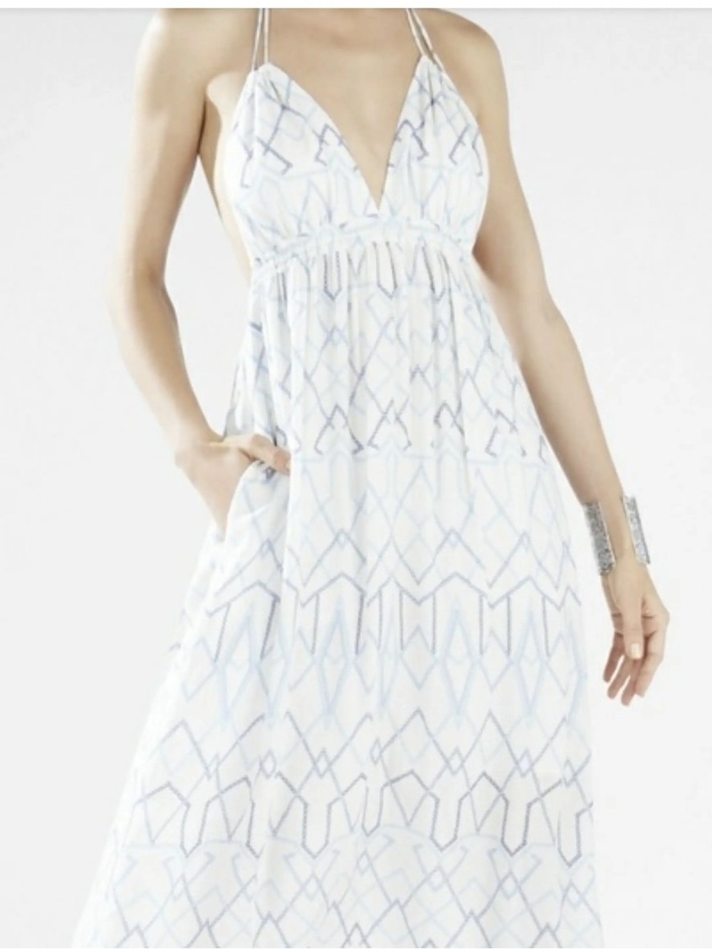 BCBGMaxAzria White Maxi Halter Dress with Light Blue Geometric Print